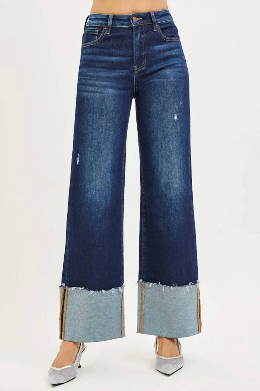 NEW RISEN high rise wide cuff jeans in dark wash
